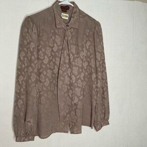 VTG Donaldsons Silky Blouse Womens sz 16 Taupe Paisley DeAttached Tie Mint Korea
